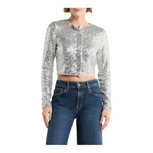 Good American Silver Sequin Button Down Long Sleeve Cropped Top Size Small NWT